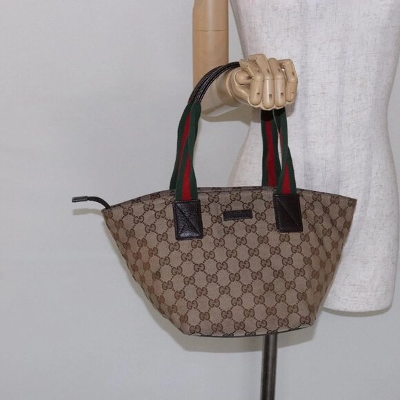 GUCCI GG Canvas Web Sherry Line Hand Bag Beige Red Green 131228 Auth 134493 - Picture 14 of 16
